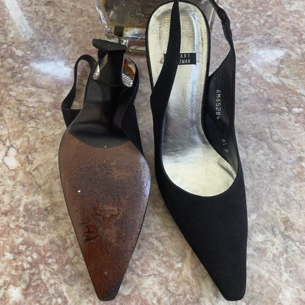 STUART WEITZMAN Black Satin Slingback Rhinestone Heel Pumps shoe stylish